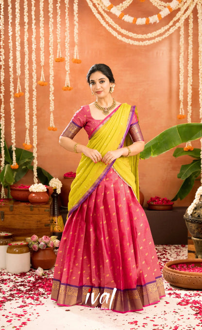 Izhaiyini Organza Halfsaree - Deep pink and Yellowish green - Half Sarees