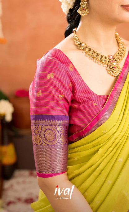 Izhaiyini Organza Halfsaree - Deep pink and Yellowish green - Half Sarees