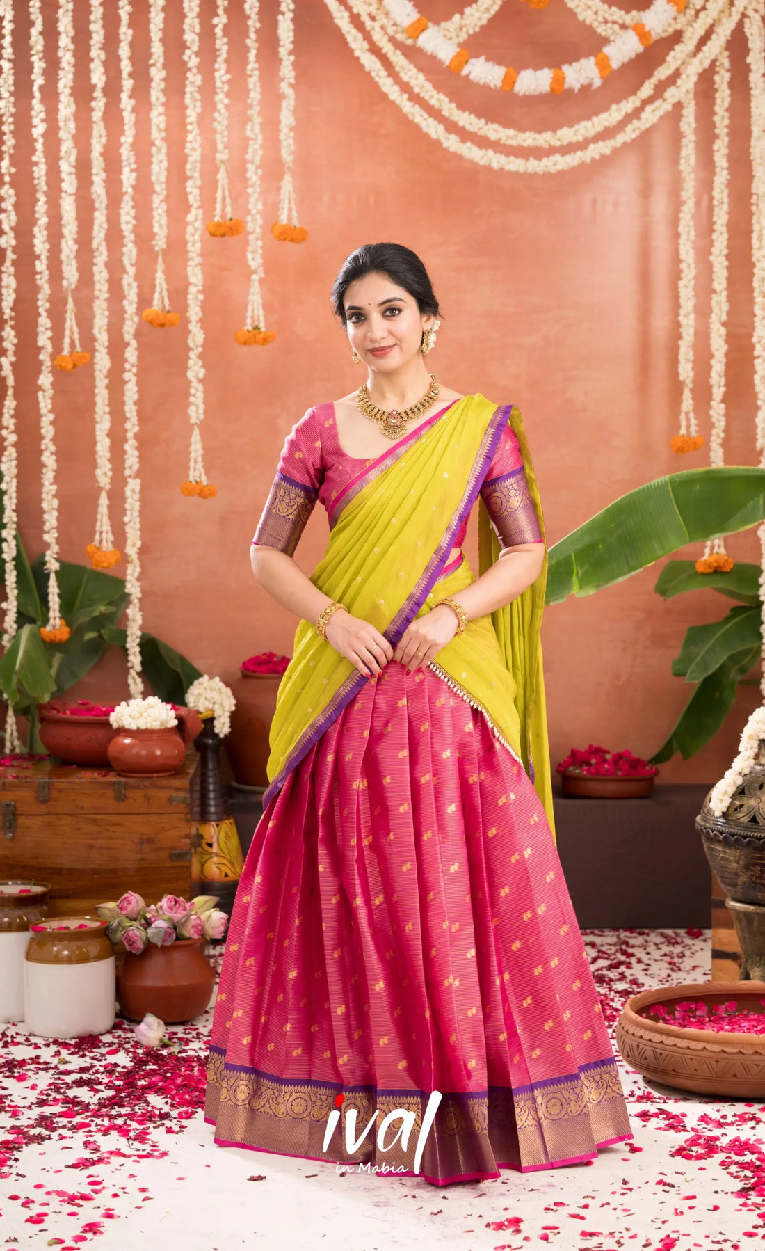 Izhaiyini Organza Halfsaree - Deep pink and Yellowish green - Half Sarees