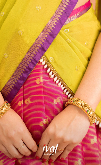Izhaiyini Organza Halfsaree - Deep pink and Yellowish green - Half Sarees