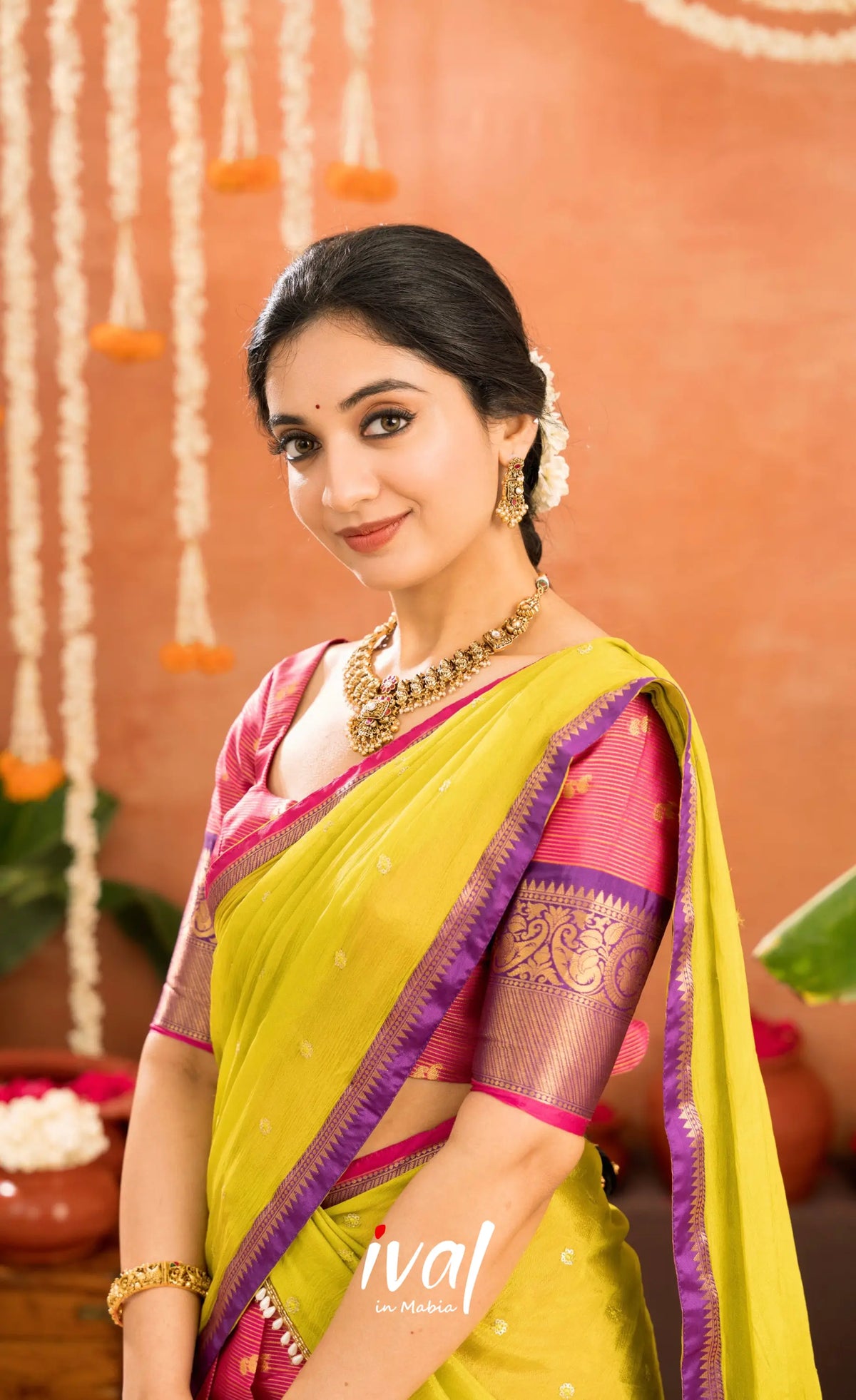 Izhaiyini Organza Halfsaree - Deep pink and Yellowish green - Half Sarees