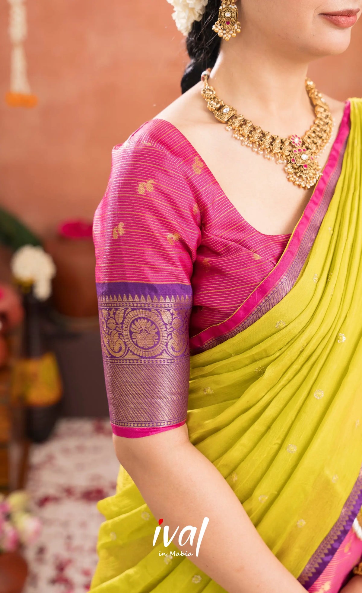 Izhaiyini Organza Halfsaree - Deep pink and Yellowish green - Half Sarees