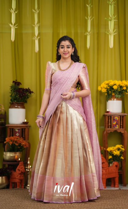 Izhaiyini Organza Halfsaree - Dual tone gold and Lilac - Half Sarees