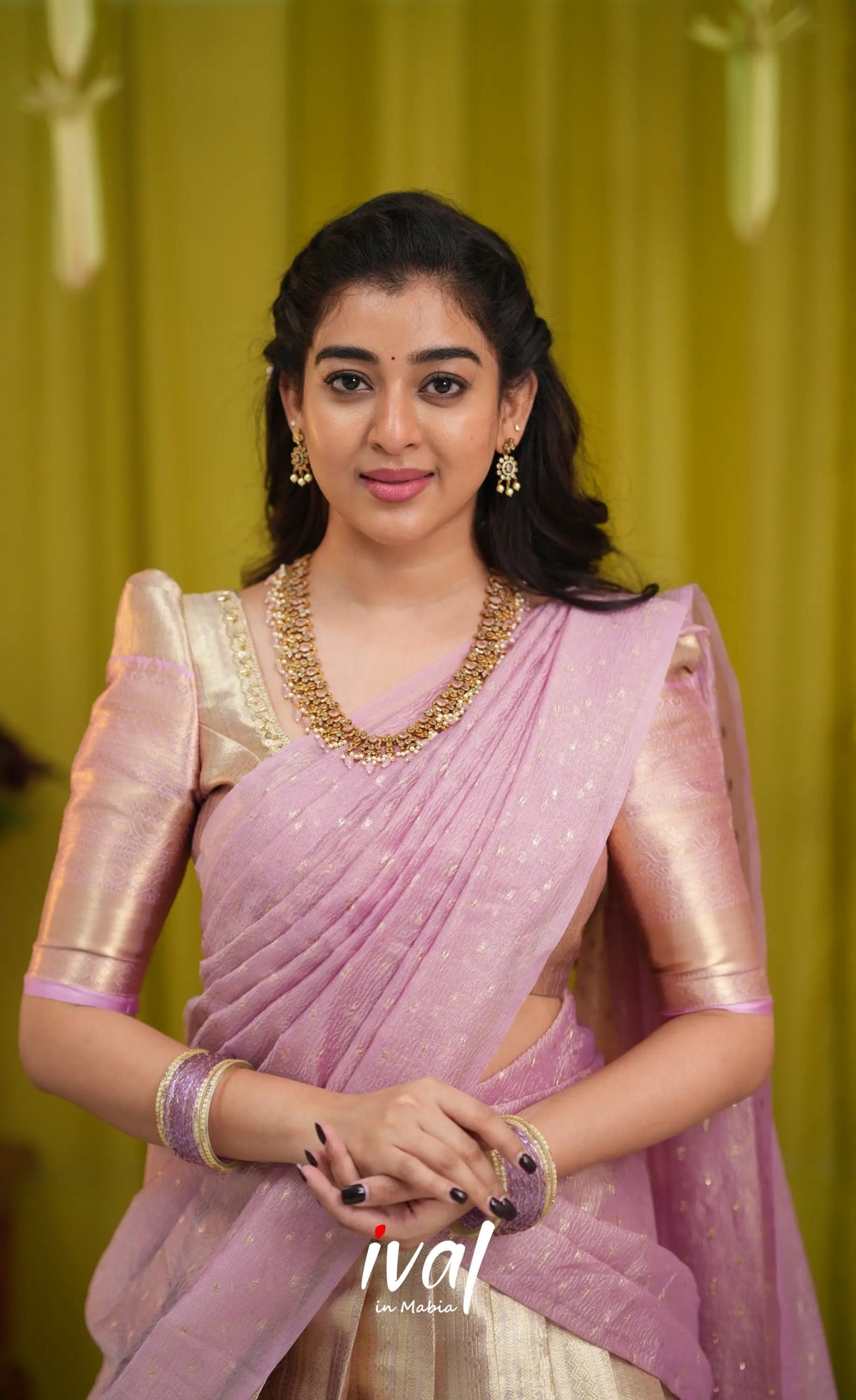 Izhaiyini Organza Halfsaree - Dual tone gold and Lilac - Half Sarees