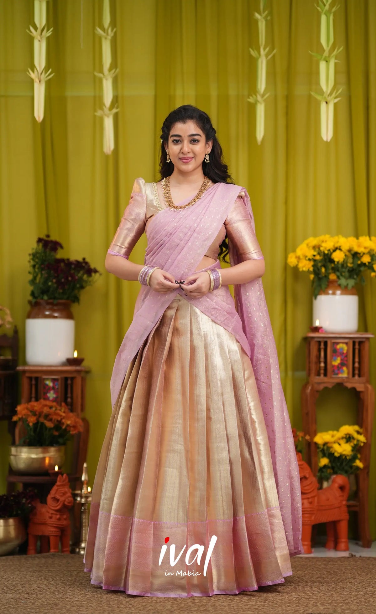 Izhaiyini Organza Halfsaree - Dual tone gold and Lilac - Half Sarees