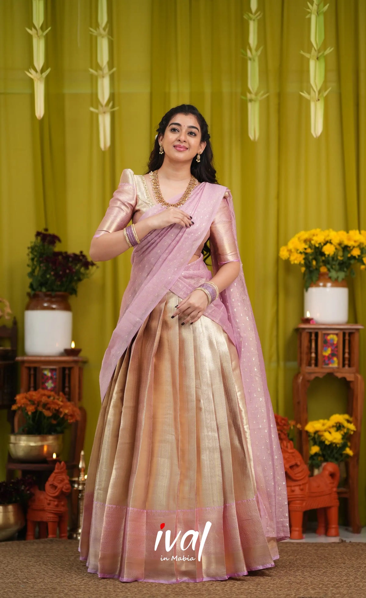 Izhaiyini Organza Halfsaree - Dual tone gold and Lilac - Half Sarees