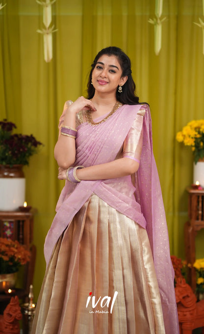 Izhaiyini Organza Halfsaree - Dual tone gold and Lilac - Half Sarees