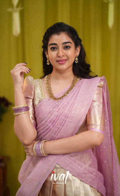 Izhaiyini Organza Halfsaree - Dual tone gold and Lilac - Half Sarees