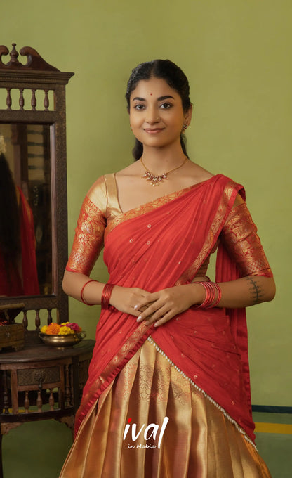 Izhaiyini Organza Halfsaree - Dual tone gold and Red - Half Sarees