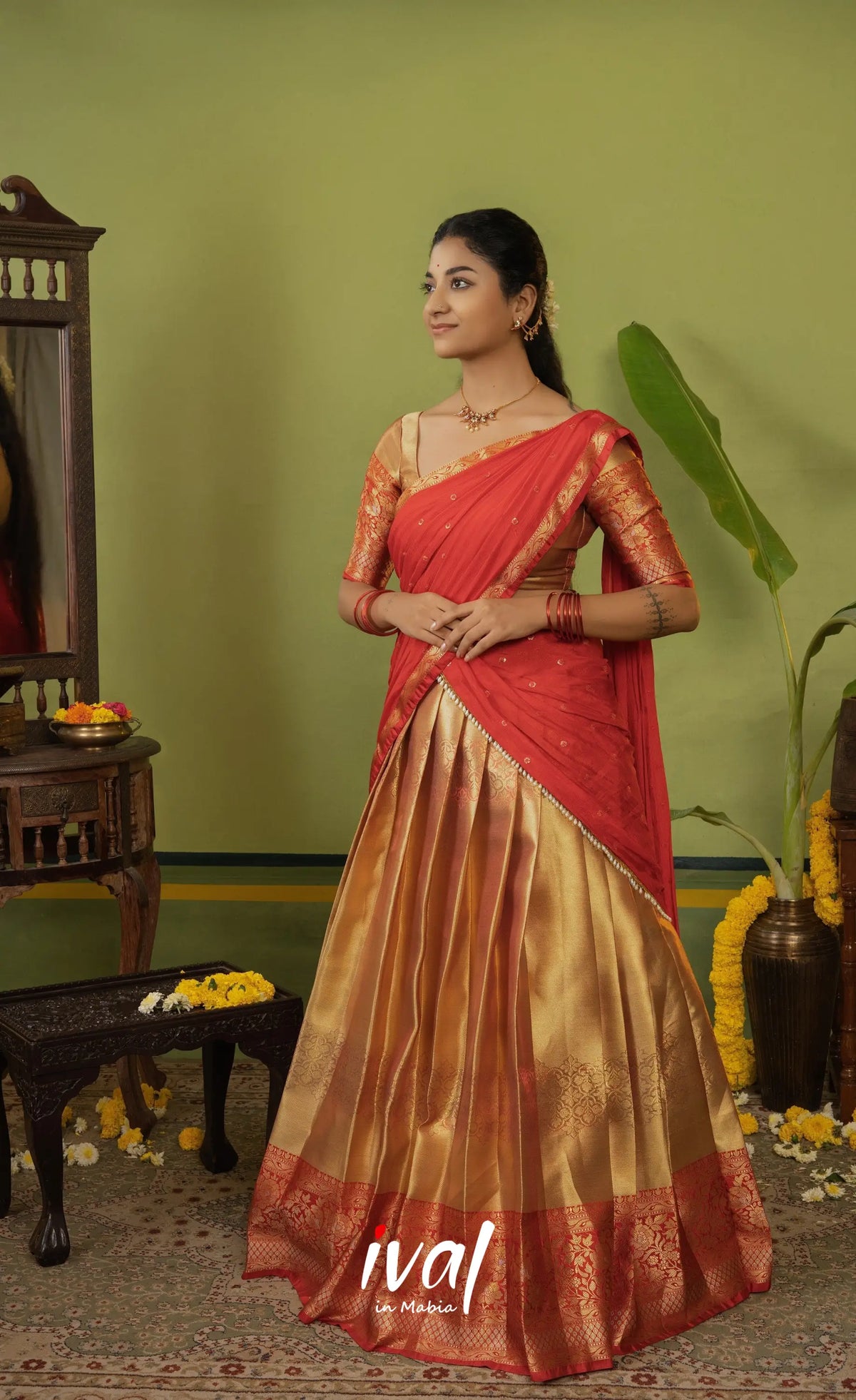 Izhaiyini Organza Halfsaree - Dual tone gold and Red - Half Sarees