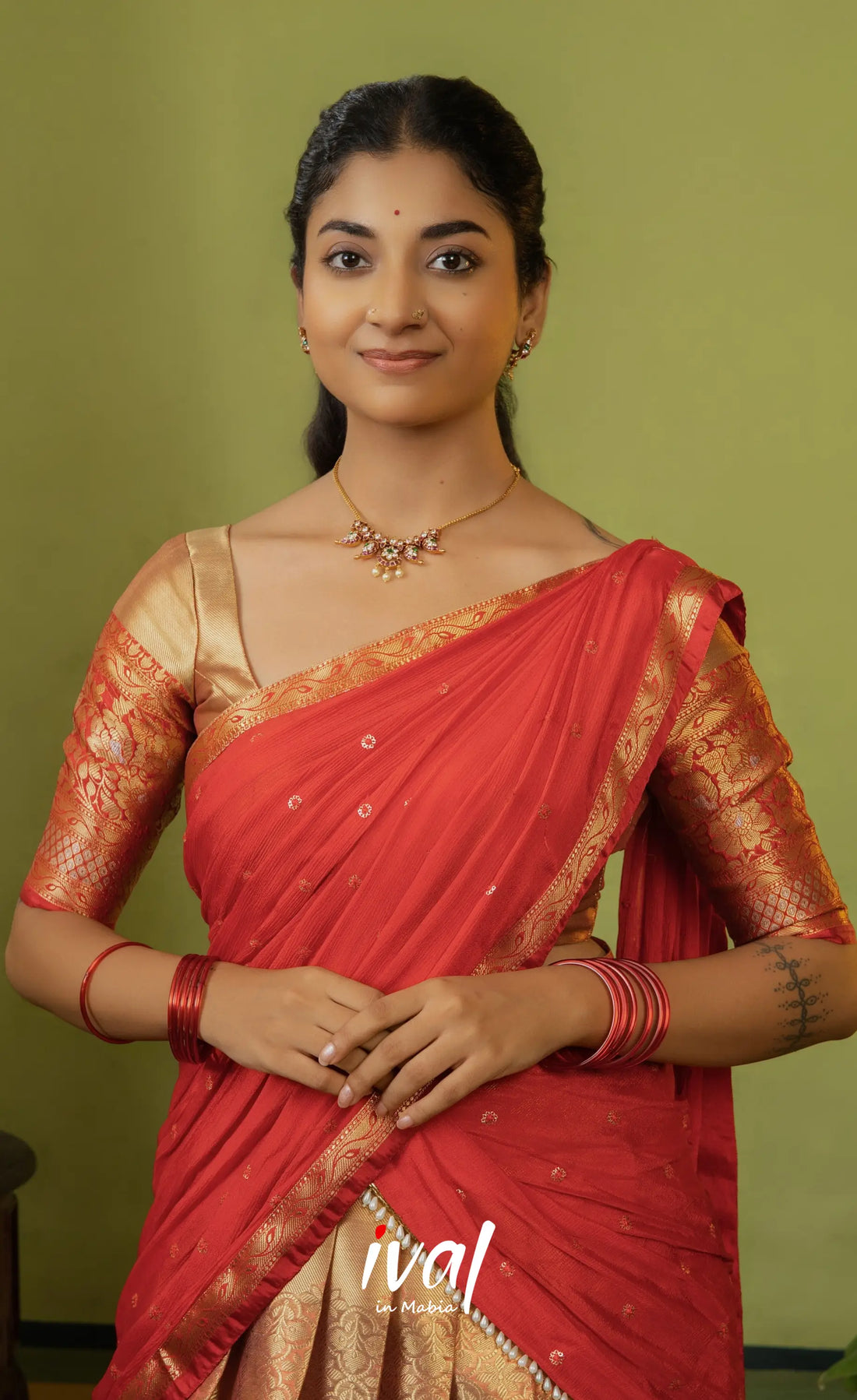 Izhaiyini Organza Halfsaree - Dual tone gold and Red - Half Sarees