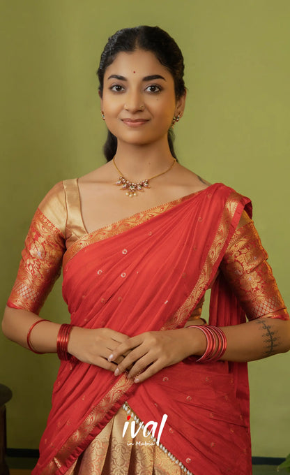 Izhaiyini Organza Halfsaree - Dual tone gold and Red - Half Sarees