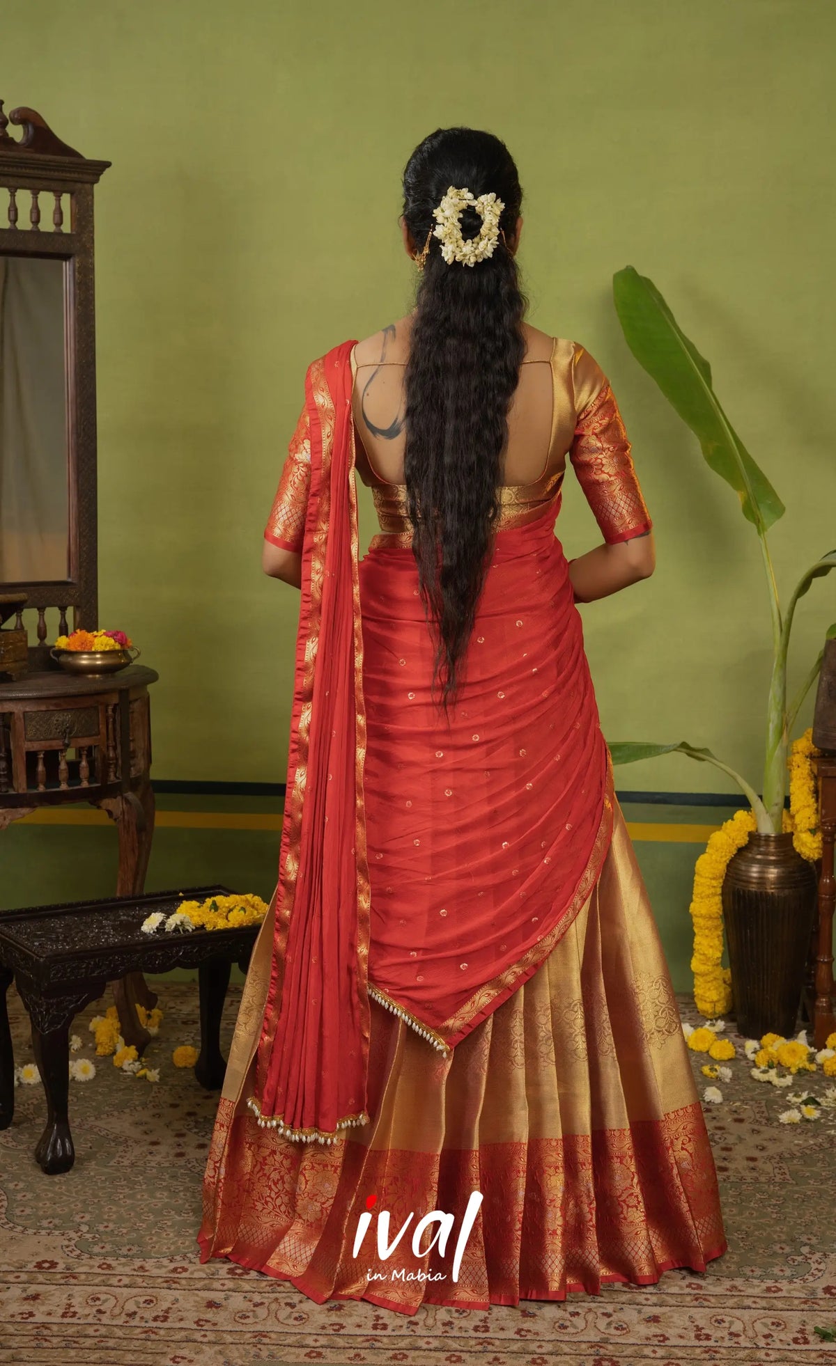 Izhaiyini Organza Halfsaree - Dual tone gold and Red - Half Sarees