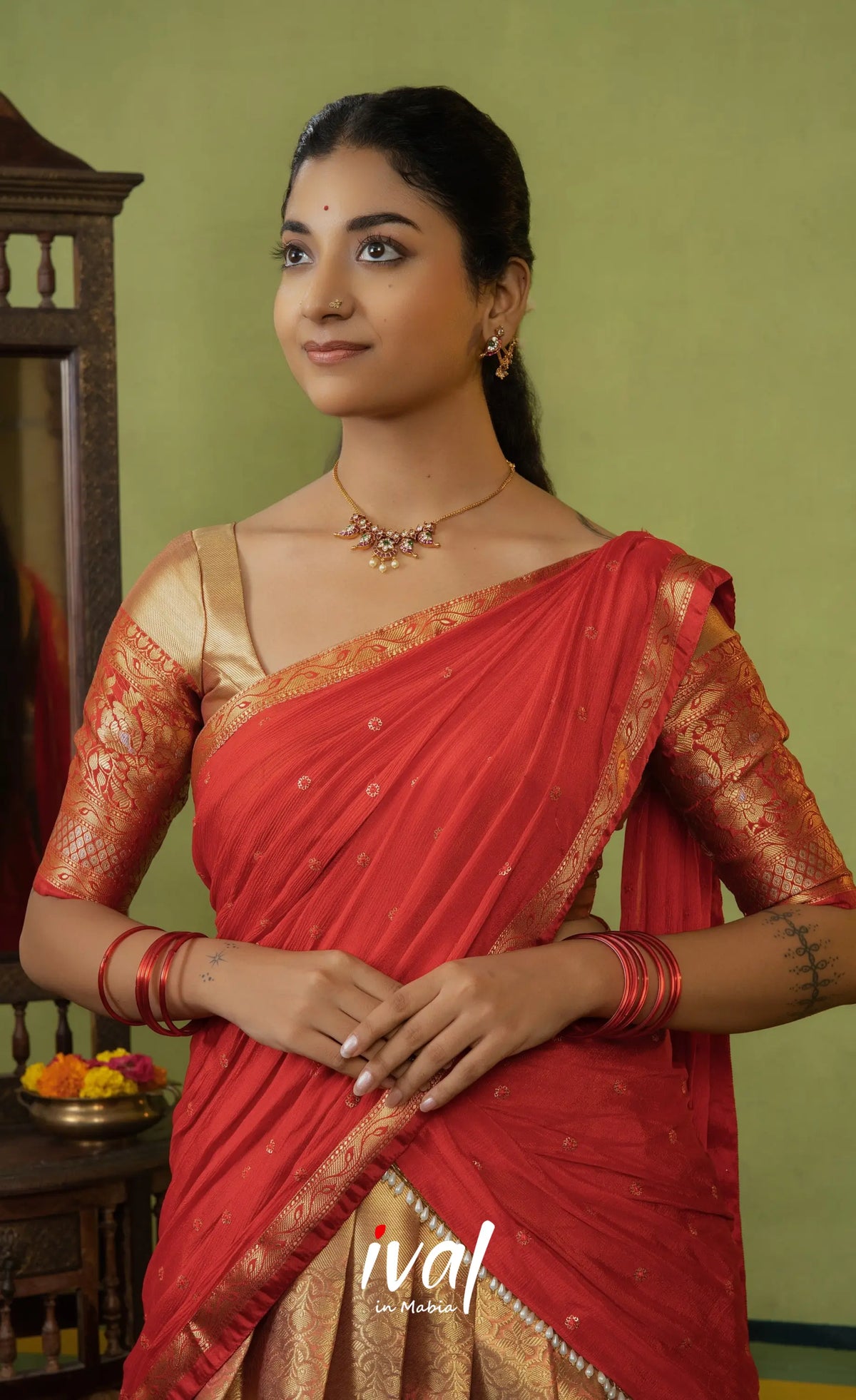 Izhaiyini Organza Halfsaree - Dual tone gold and Red - Half Sarees