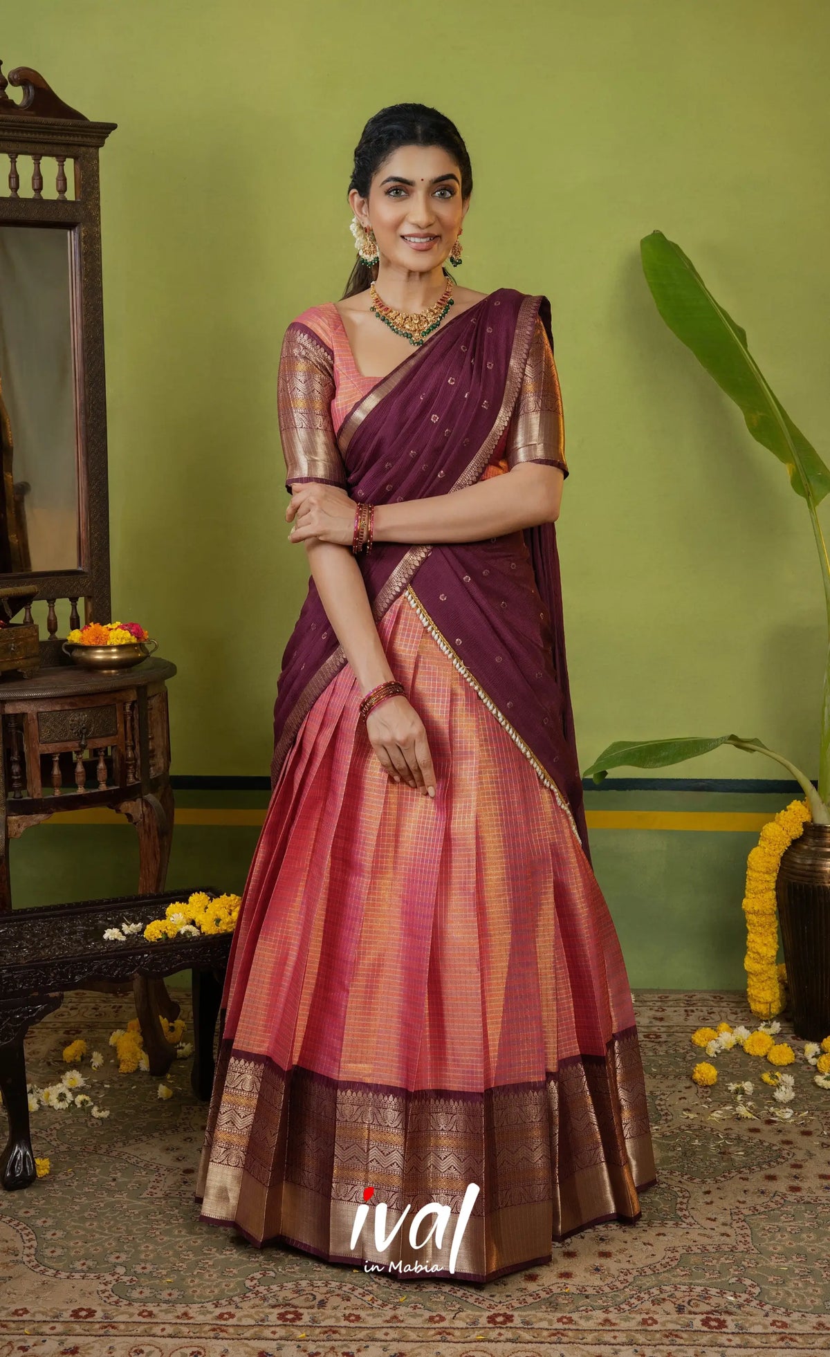 Izhaiyini Organza Halfsaree - Dual Tone Peach and Maroonish wine - Half Sarees