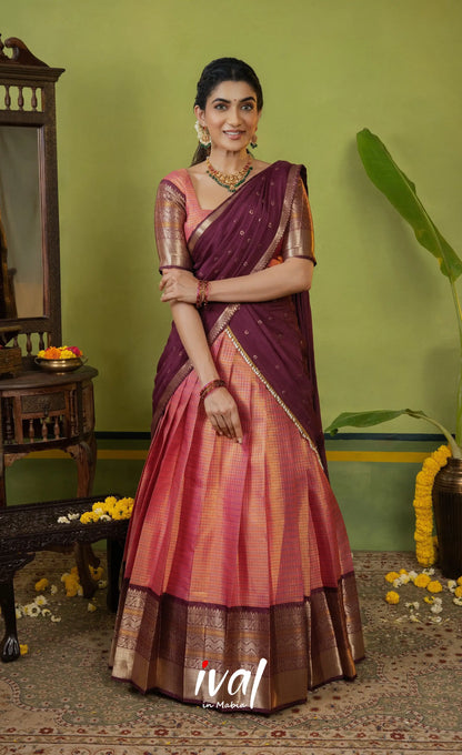Izhaiyini Organza Halfsaree - Dual Tone Peach and Maroonish wine - Half Sarees