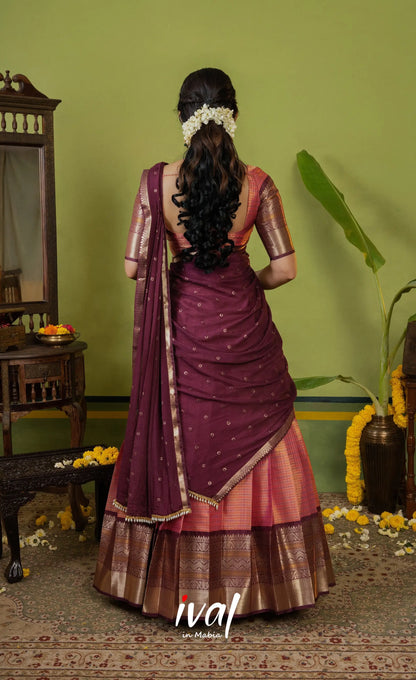Izhaiyini Organza Halfsaree - Dual Tone Peach and Maroonish wine - Half Sarees