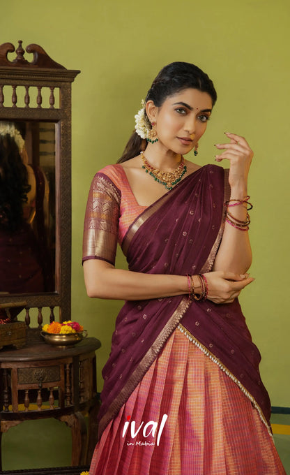 Izhaiyini Organza Halfsaree - Dual Tone Peach and Maroonish wine - Half Sarees