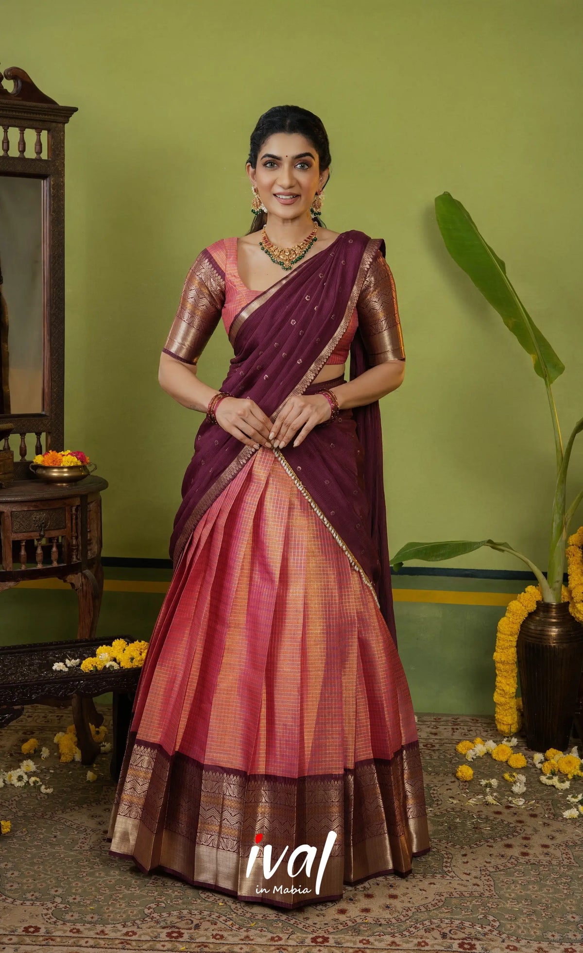 Izhaiyini Organza Halfsaree - Dual Tone Peach and Maroonish wine - Half Sarees