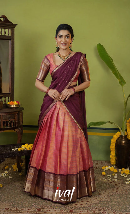 Izhaiyini Organza Halfsaree - Dual Tone Peach and Maroonish wine - Half Sarees