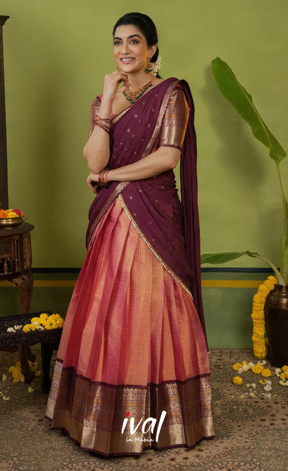 Izhaiyini Organza Halfsaree - Dual Tone Peach and Maroonish wine - Half Sarees