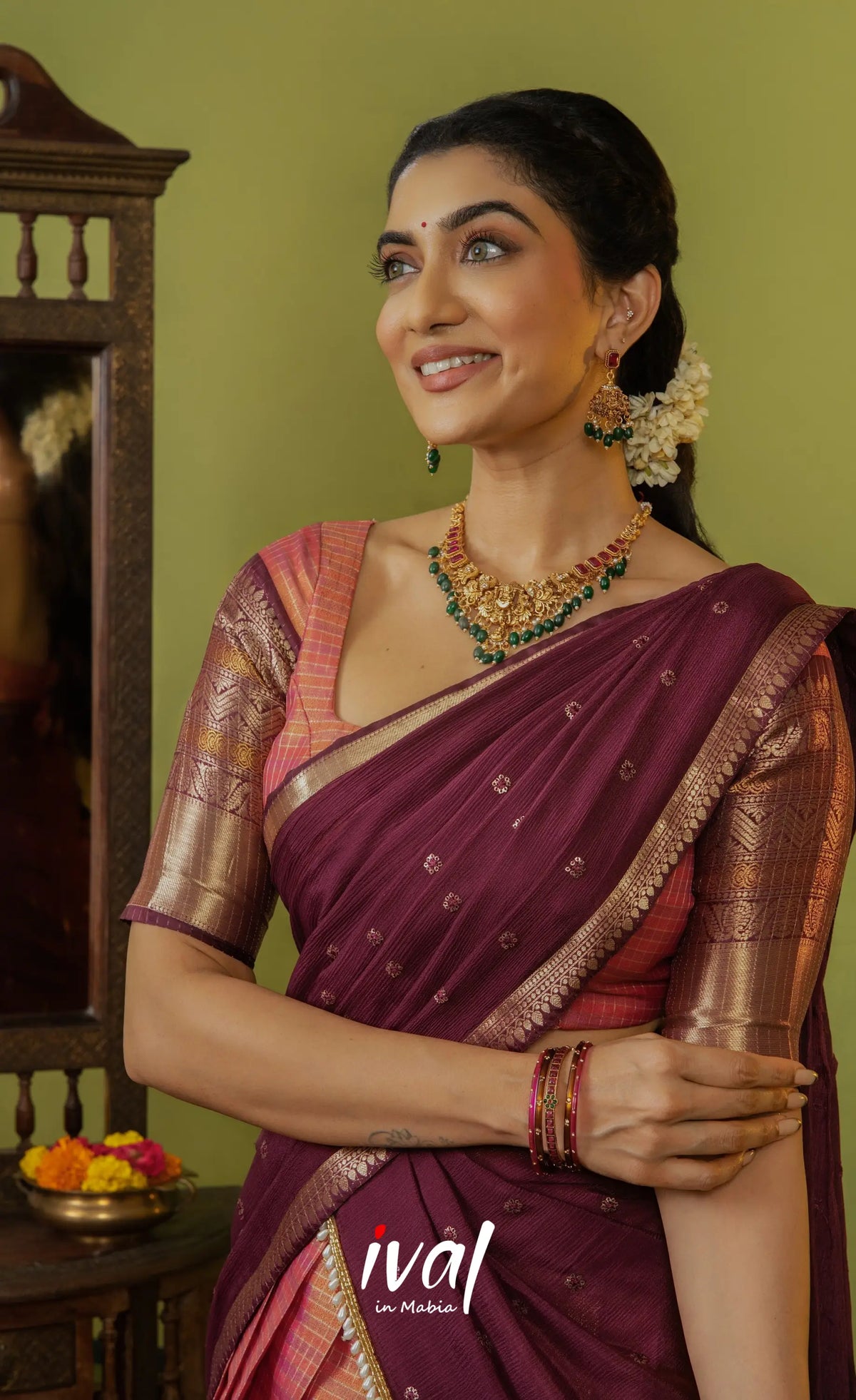 Izhaiyini Organza Halfsaree - Dual Tone Peach and Maroonish wine - Half Sarees