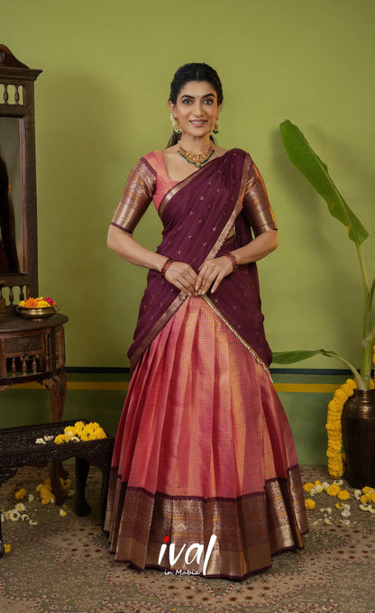 Izhaiyini Organza Halfsaree - Dual Tone Peach and Maroonish wine - Half Sarees