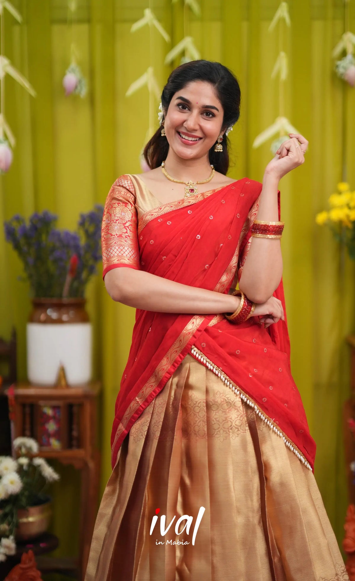 Izhaiyini Organza Halfsaree - Gold and Red - Half Sarees