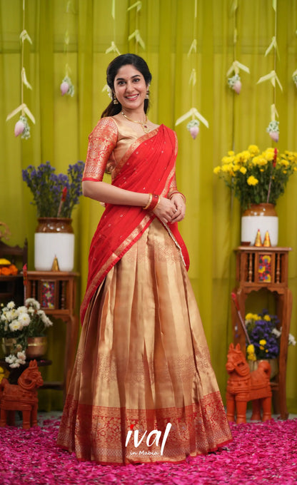 Izhaiyini Organza Halfsaree - Gold and Red - Half Sarees