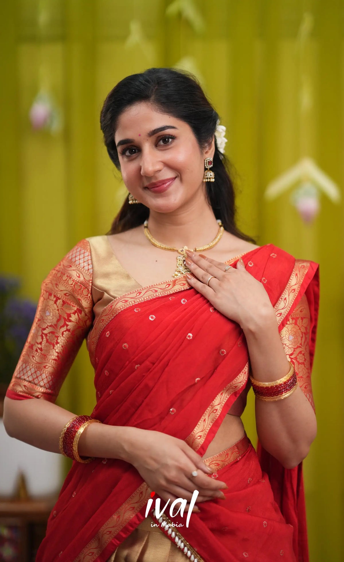 Izhaiyini Organza Halfsaree - Gold and Red - Half Sarees