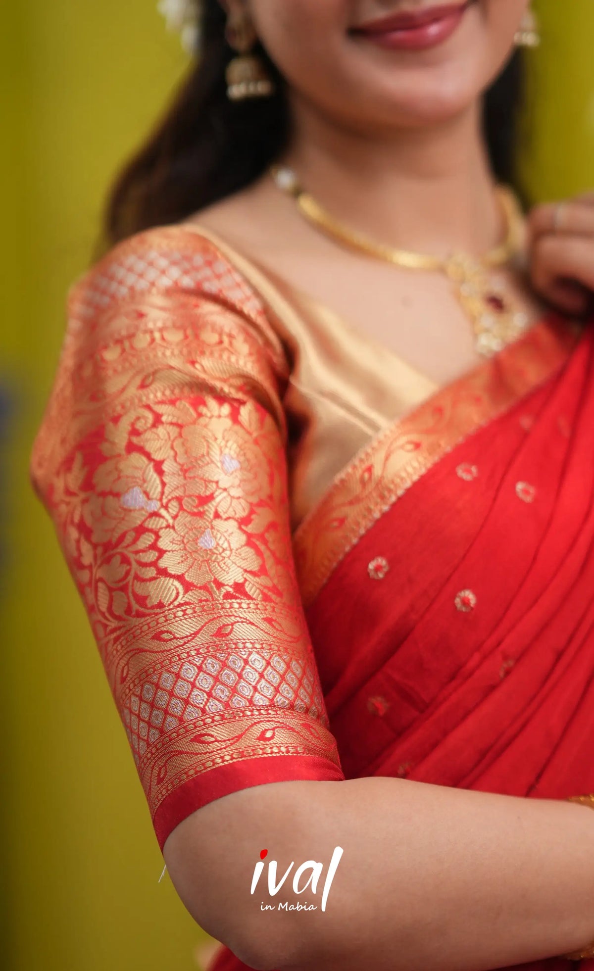 Izhaiyini Organza Halfsaree - Gold and Red - Half Sarees