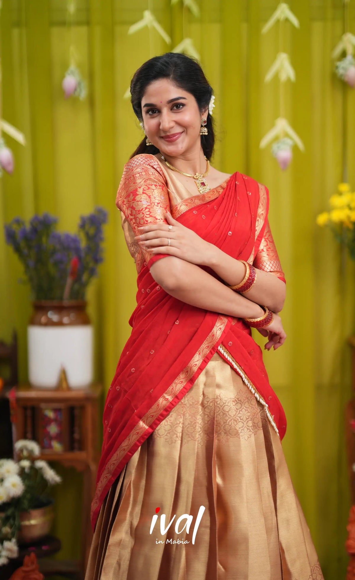 Izhaiyini Organza Halfsaree - Gold and Red - Half Sarees