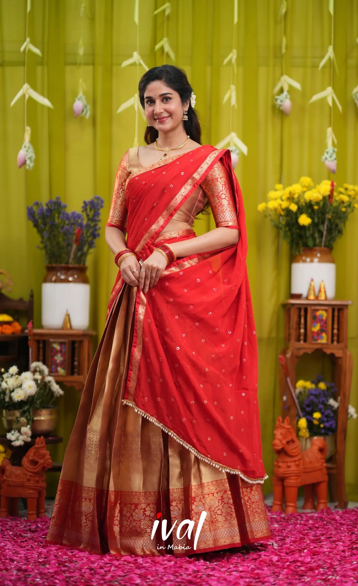 Izhaiyini Organza Halfsaree - Gold and Red - Half Sarees