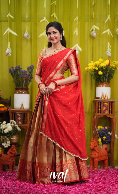 Izhaiyini Organza Halfsaree - Gold and Red - Half Sarees