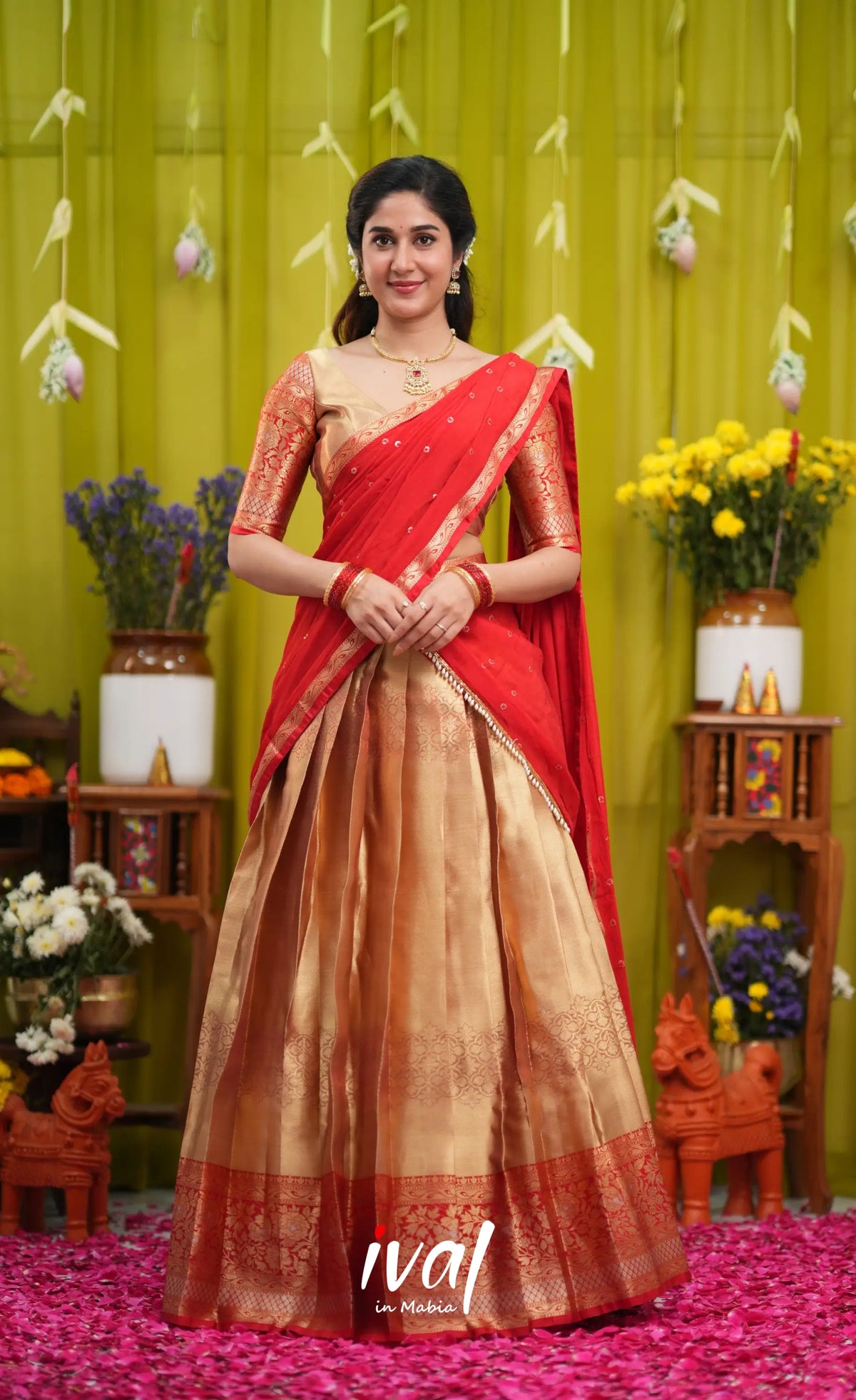 Izhaiyini Organza Halfsaree - Gold and Red - Half Sarees