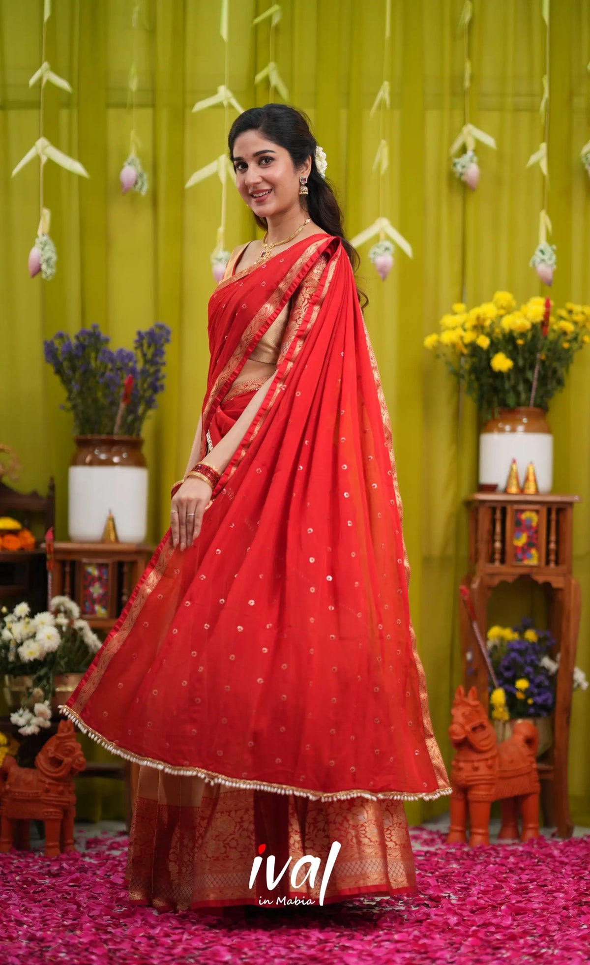 Izhaiyini Organza Halfsaree - Gold and Red - Half Sarees