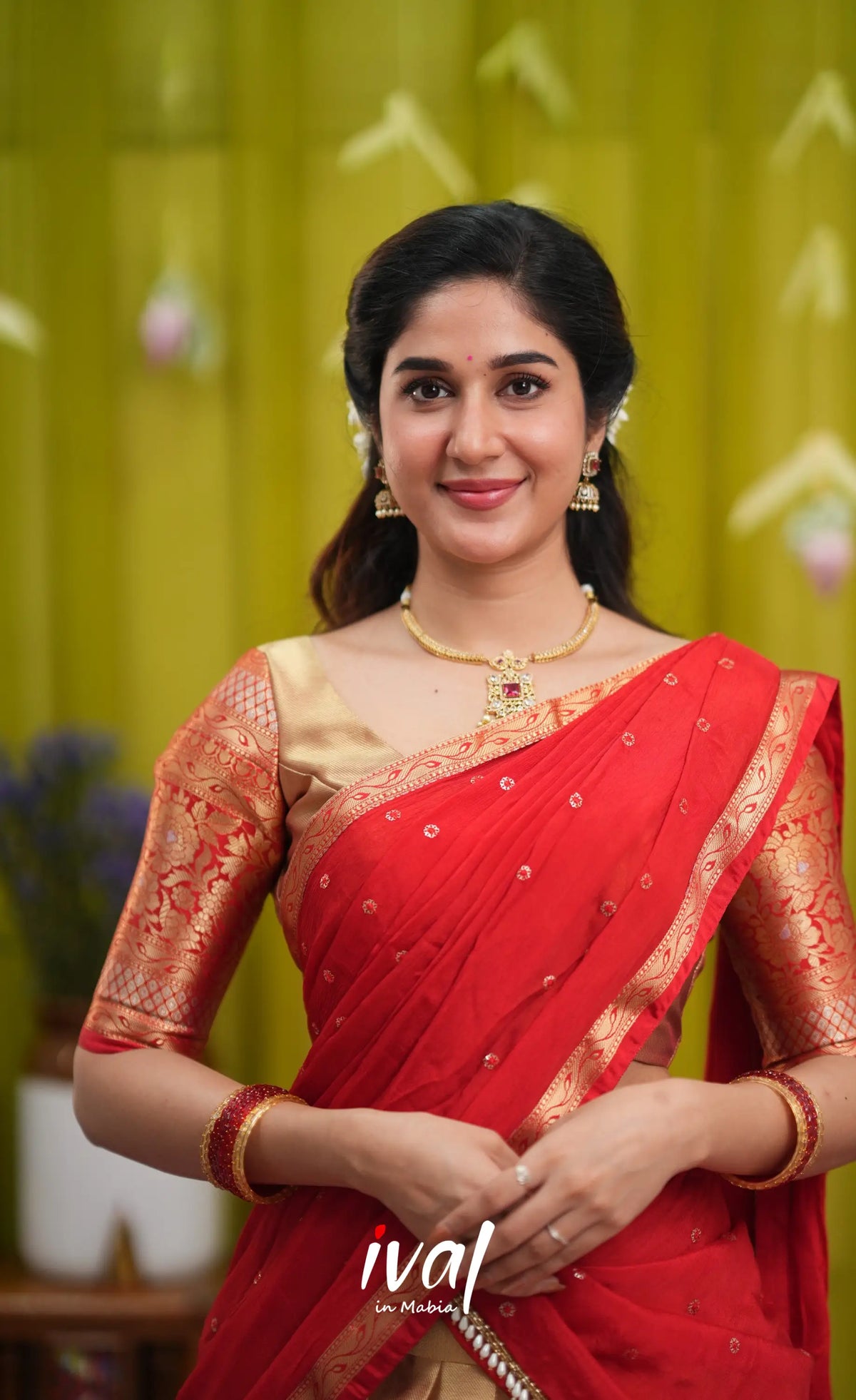 Izhaiyini Organza Halfsaree - Gold and Red - Half Sarees