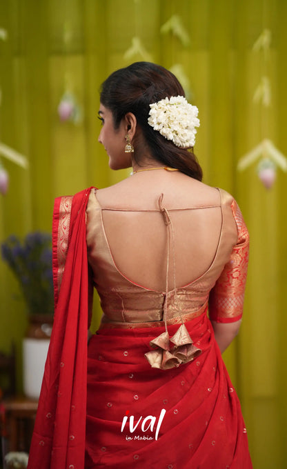 Izhaiyini Organza Halfsaree - Gold and Red - Half Sarees