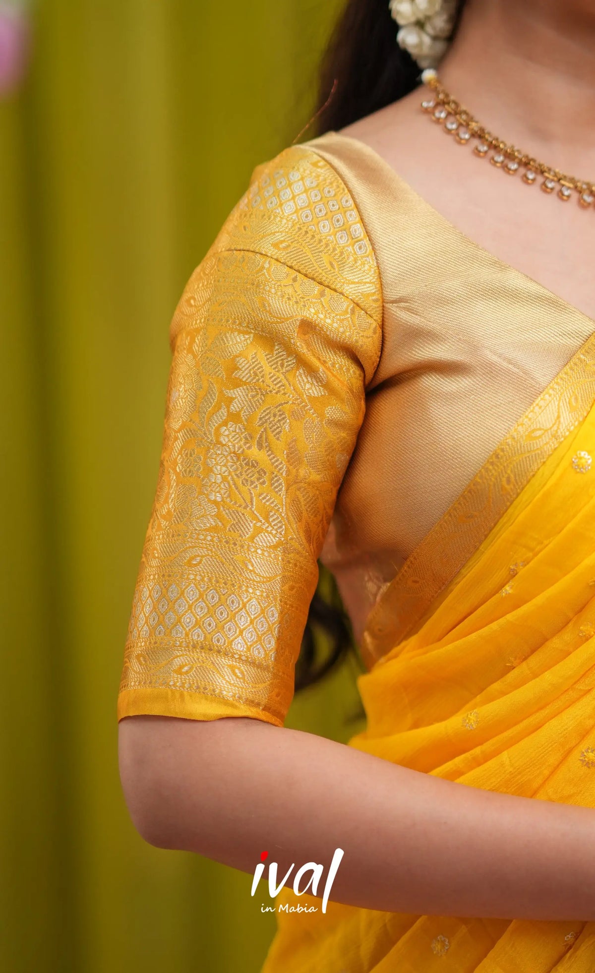 Izhaiyini Organza Halfsaree - Gold and Yellow - Half Sarees