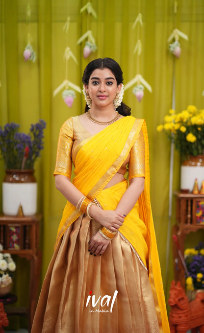 Izhaiyini Organza Halfsaree - Gold and Yellow - Half Sarees