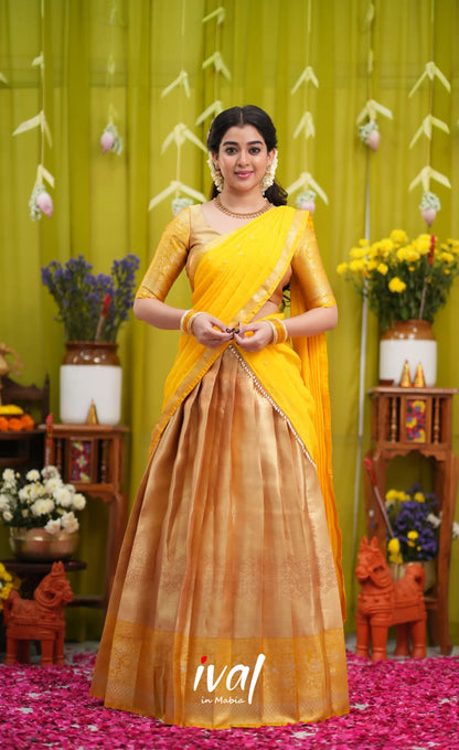 Izhaiyini Organza Halfsaree - Gold and Yellow - Half Sarees