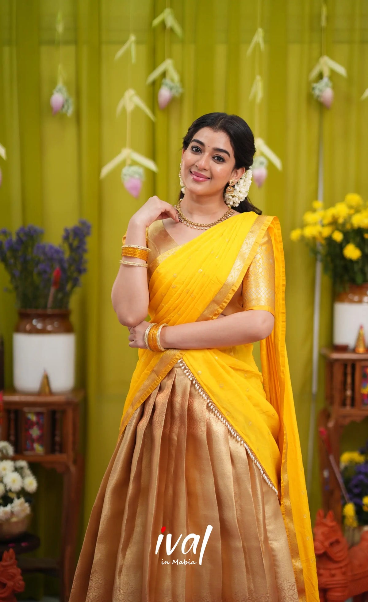 Izhaiyini Organza Halfsaree - Gold and Yellow - Half Sarees