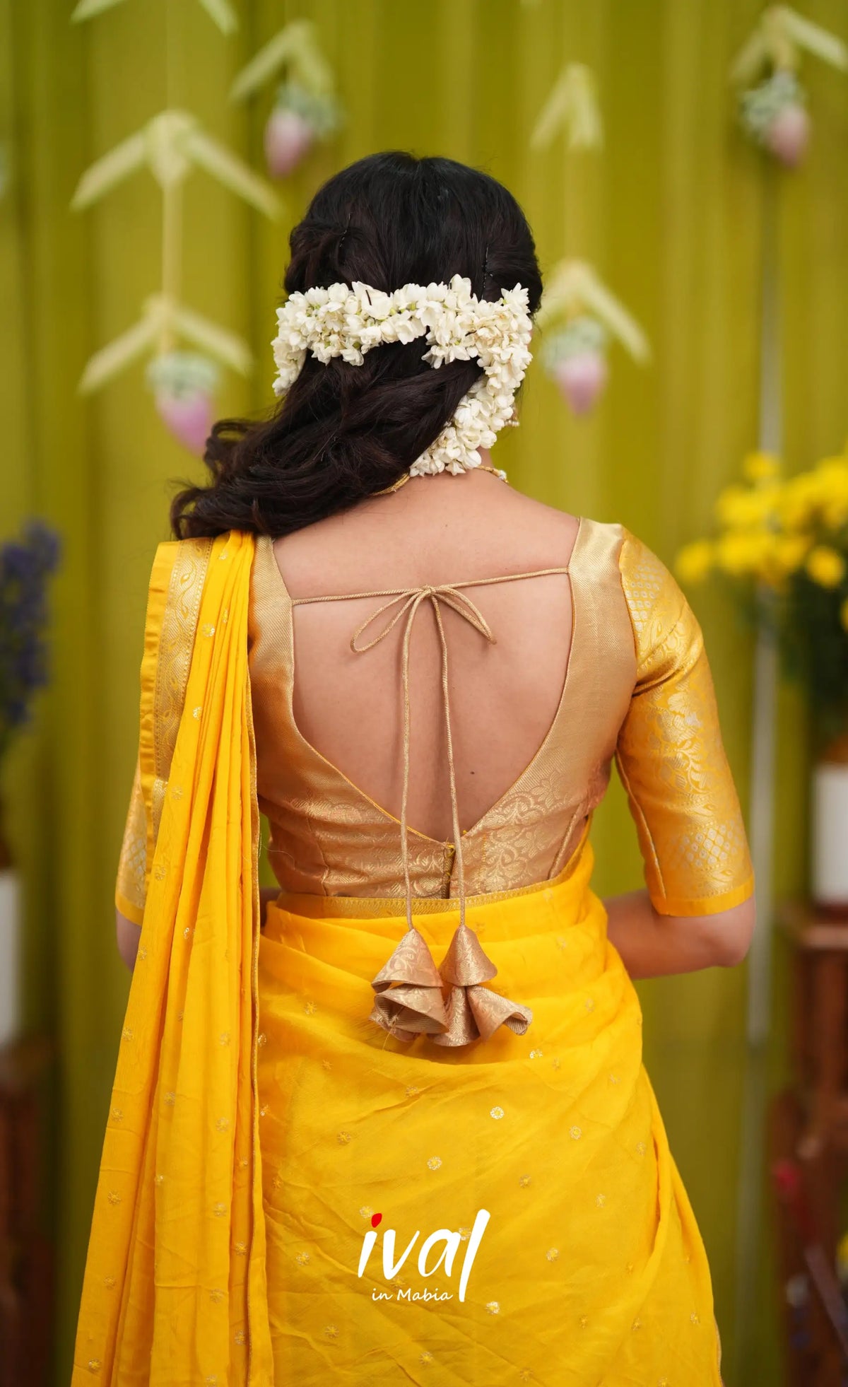 Izhaiyini Organza Halfsaree - Gold and Yellow - Half Sarees