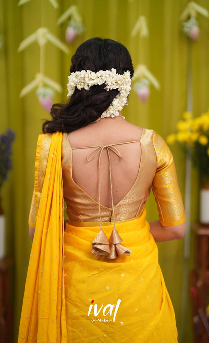 Izhaiyini Organza Halfsaree - Gold and Yellow - Half Sarees