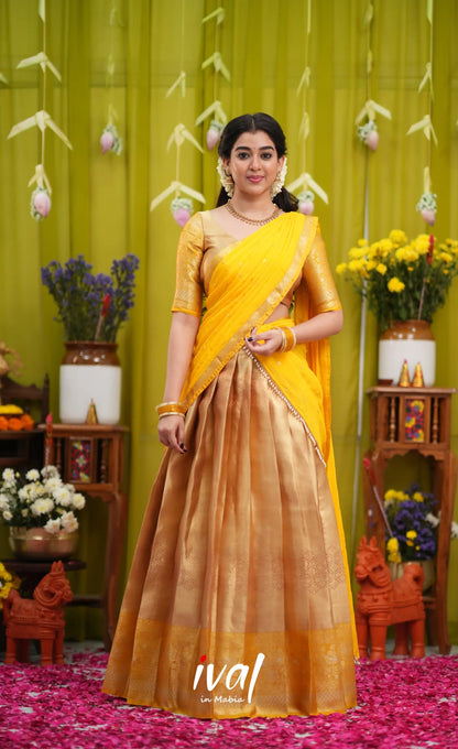 Izhaiyini Organza Halfsaree - Gold and Yellow - Half Sarees