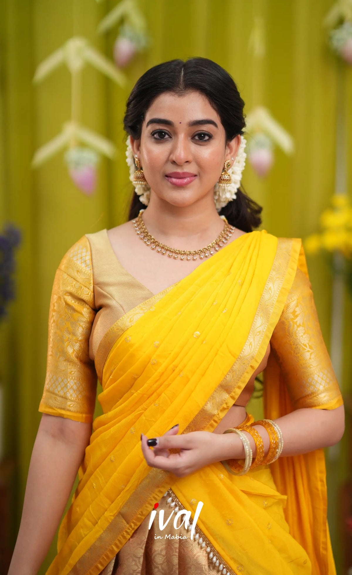 Izhaiyini Organza Halfsaree - Gold and Yellow - Half Sarees