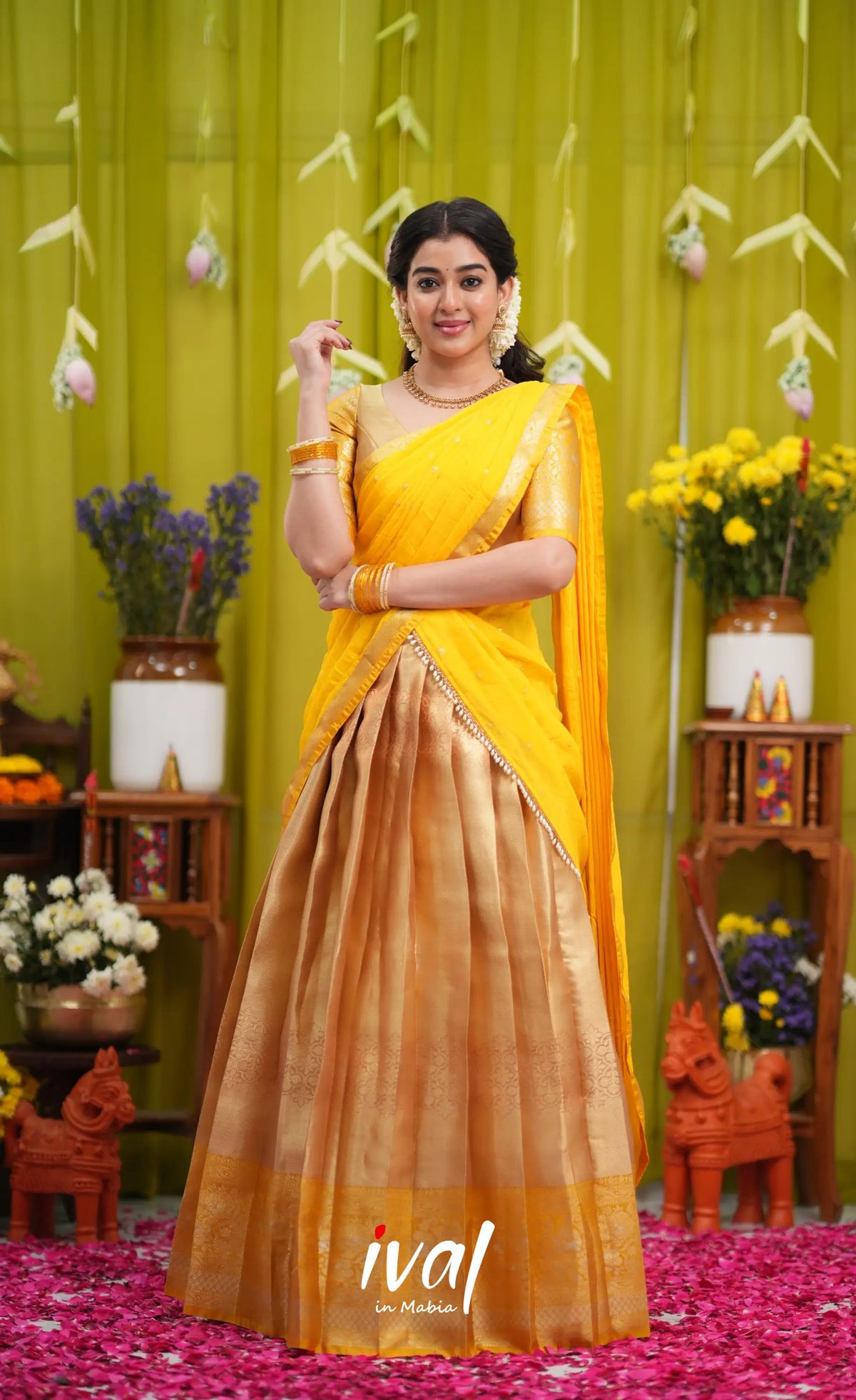 Izhaiyini Organza Halfsaree - Gold and Yellow - Half Sarees