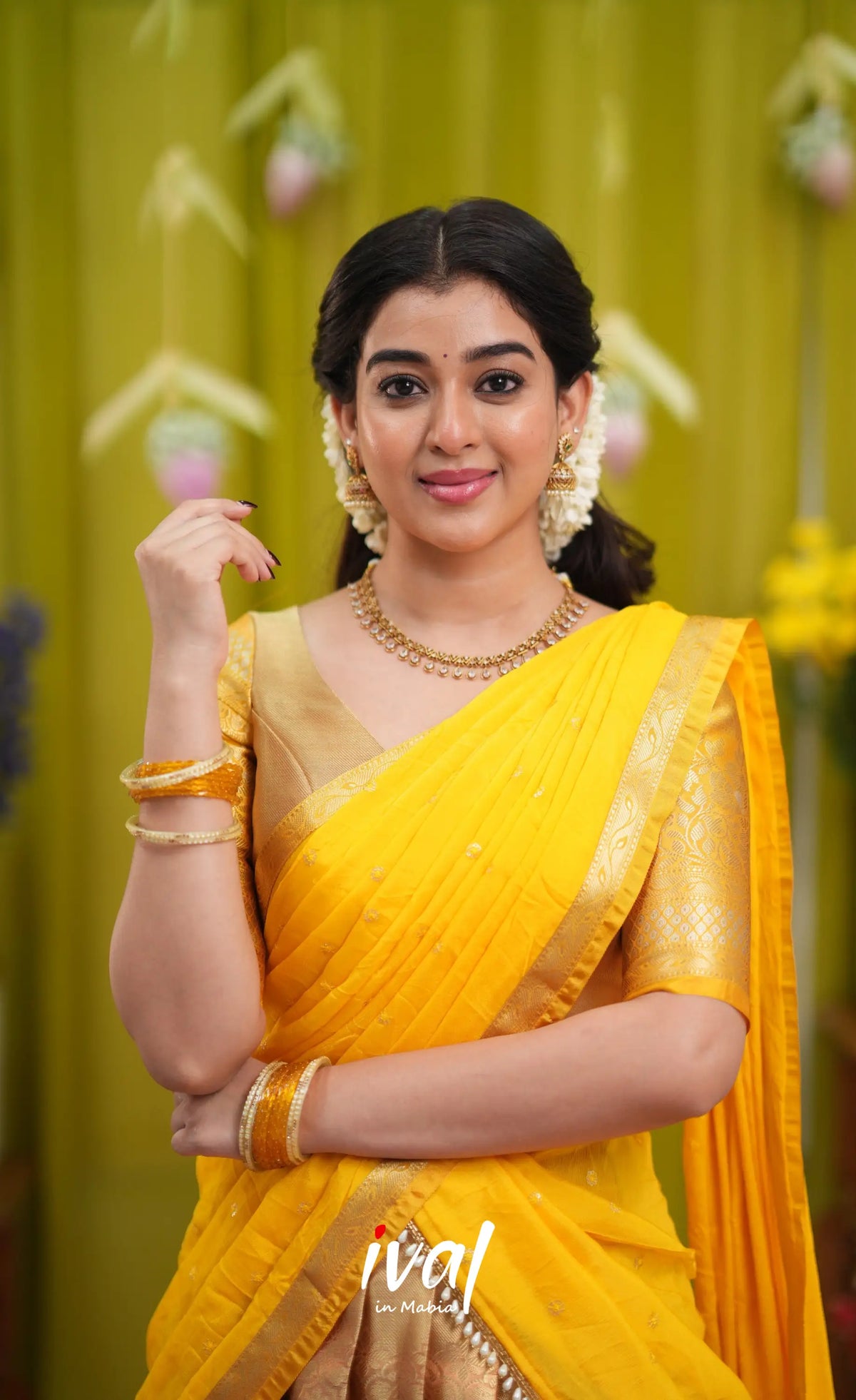 Izhaiyini Organza Halfsaree - Gold and Yellow - Half Sarees