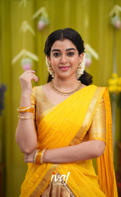 Izhaiyini Organza Halfsaree - Gold and Yellow - Half Sarees