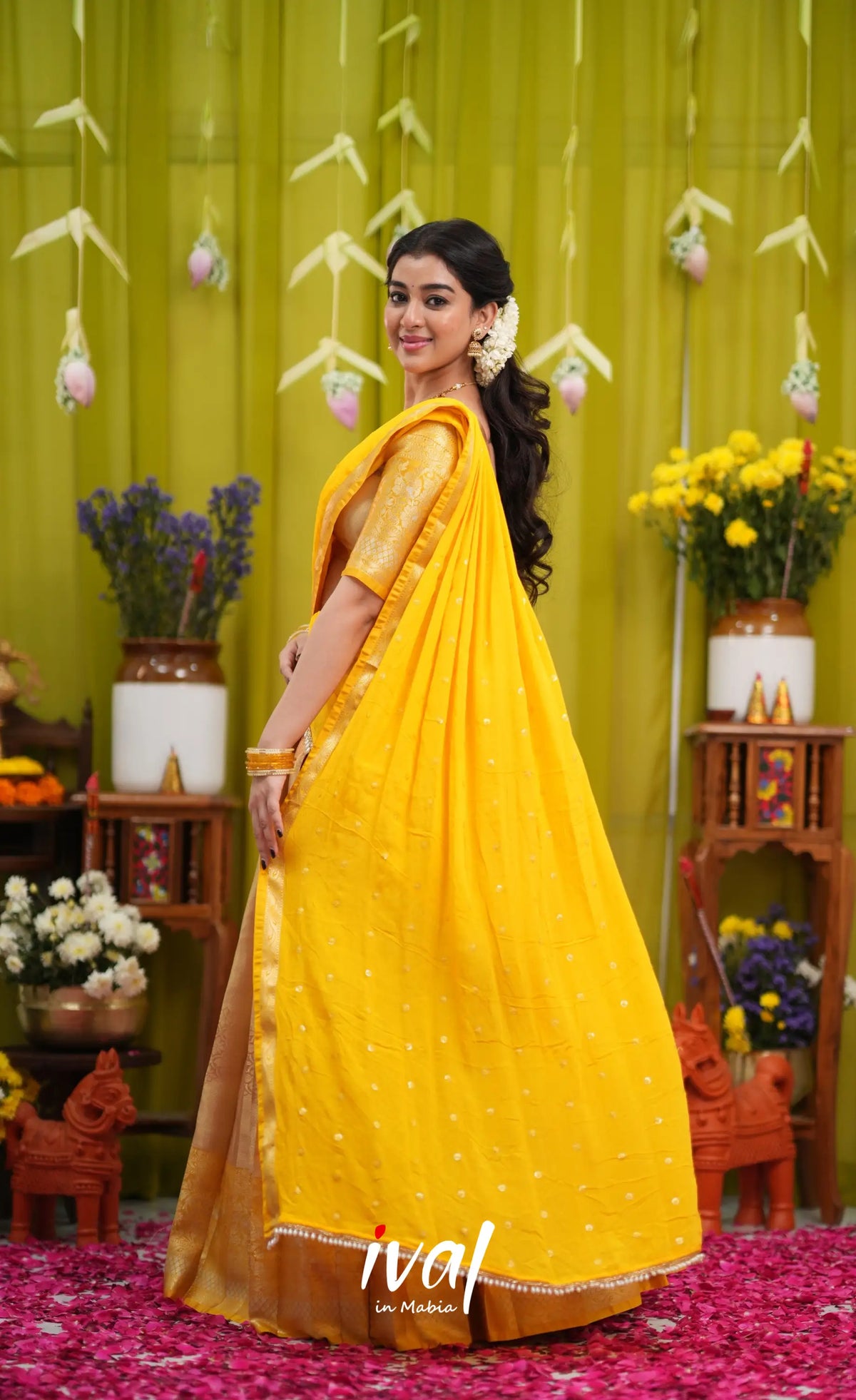 Izhaiyini Organza Halfsaree - Gold and Yellow - Half Sarees